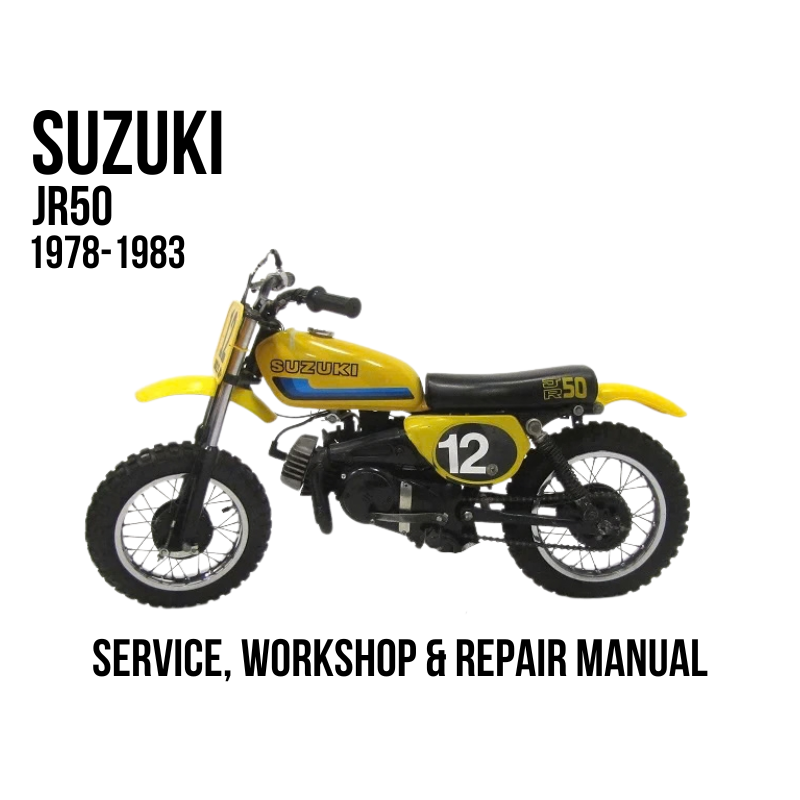 Yellow and black Suzuki JR50 mini dirt bike with text overlays reading 'SUZUKI JR50 1978-1983' and 'SERVICE, WORKSHOP & REPAIR MANUAL' on a white background.