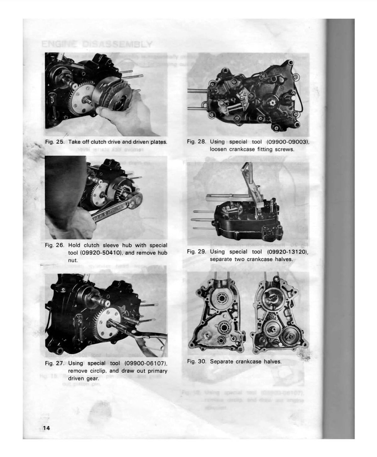 A printed page from an engine disassembly manual showing six black-and-white photos of mechanical engine components with captioned figures and instructions.