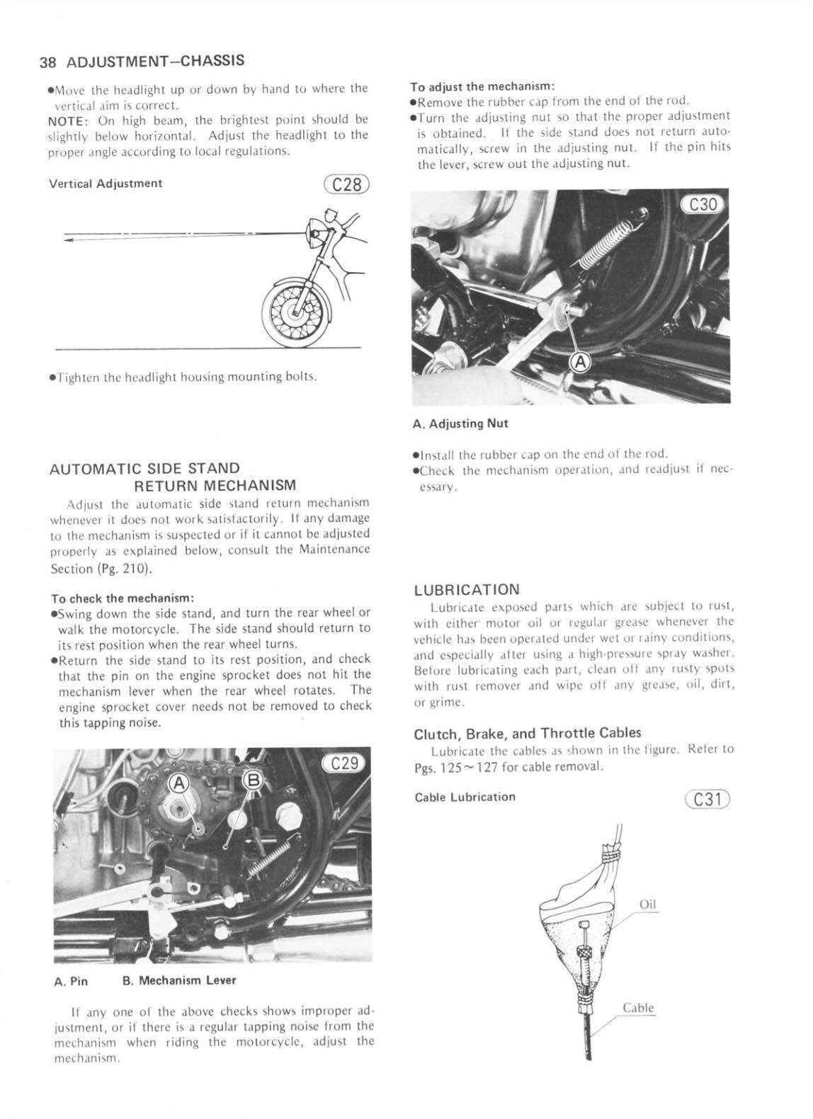 Kawasaki KZ440 service manual page 38 with headlight adjustment, automatic side stand return mechanism, and cable lubrication diagrams