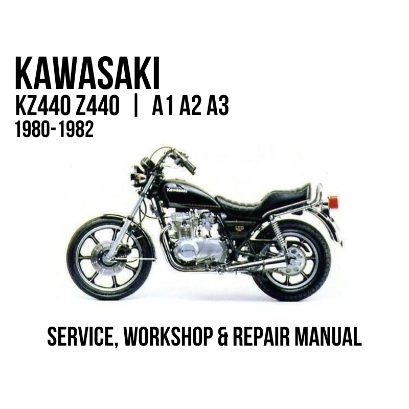 A black and white cover-style graphic for a Kawasaki service, workshop, and repair manual. The image shows a side view of a black Kawasaki motorcycle with text reading 'KAWASAKI KZ440 Z440 | A1 A2 A3 1980-1982' at the top and 'SERVICE, WORKSHOP & REPAIR MANUAL' at the bottom.
