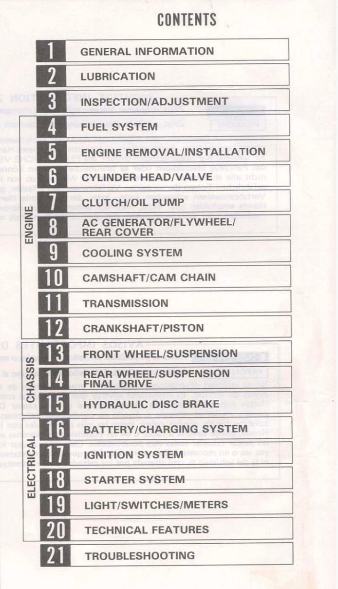 Table of contents for a technical manual on automotive repair.