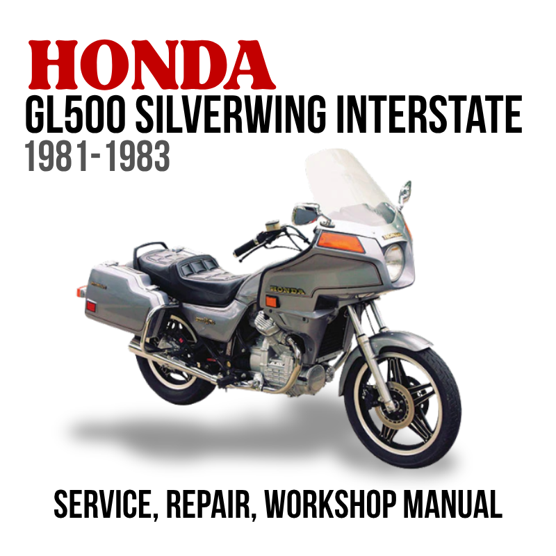 Honda GL500 Silverwing Interstate motorcycle with text about service, repair, and workshop manual on a white background.