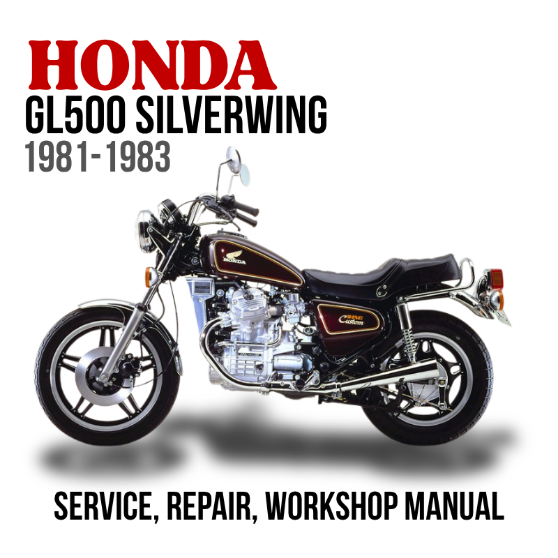 Honda GL500 Silverwing motorcycle with text about service, repair, and workshop manual on a white background
