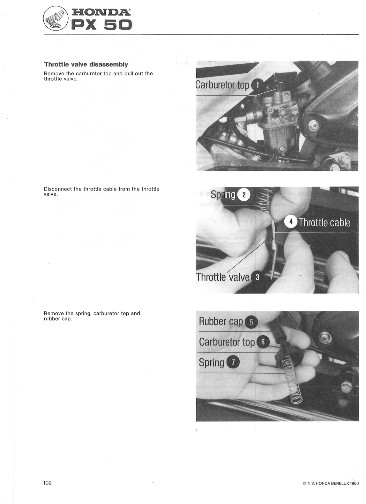 A page from a Honda service manual for the PX 50, detailing the disassembly of the throttle valve. The page features instructional text on the left and three numbered photographic steps on the right showing how to disconnect the throttle cable, spring, and rubber cap.