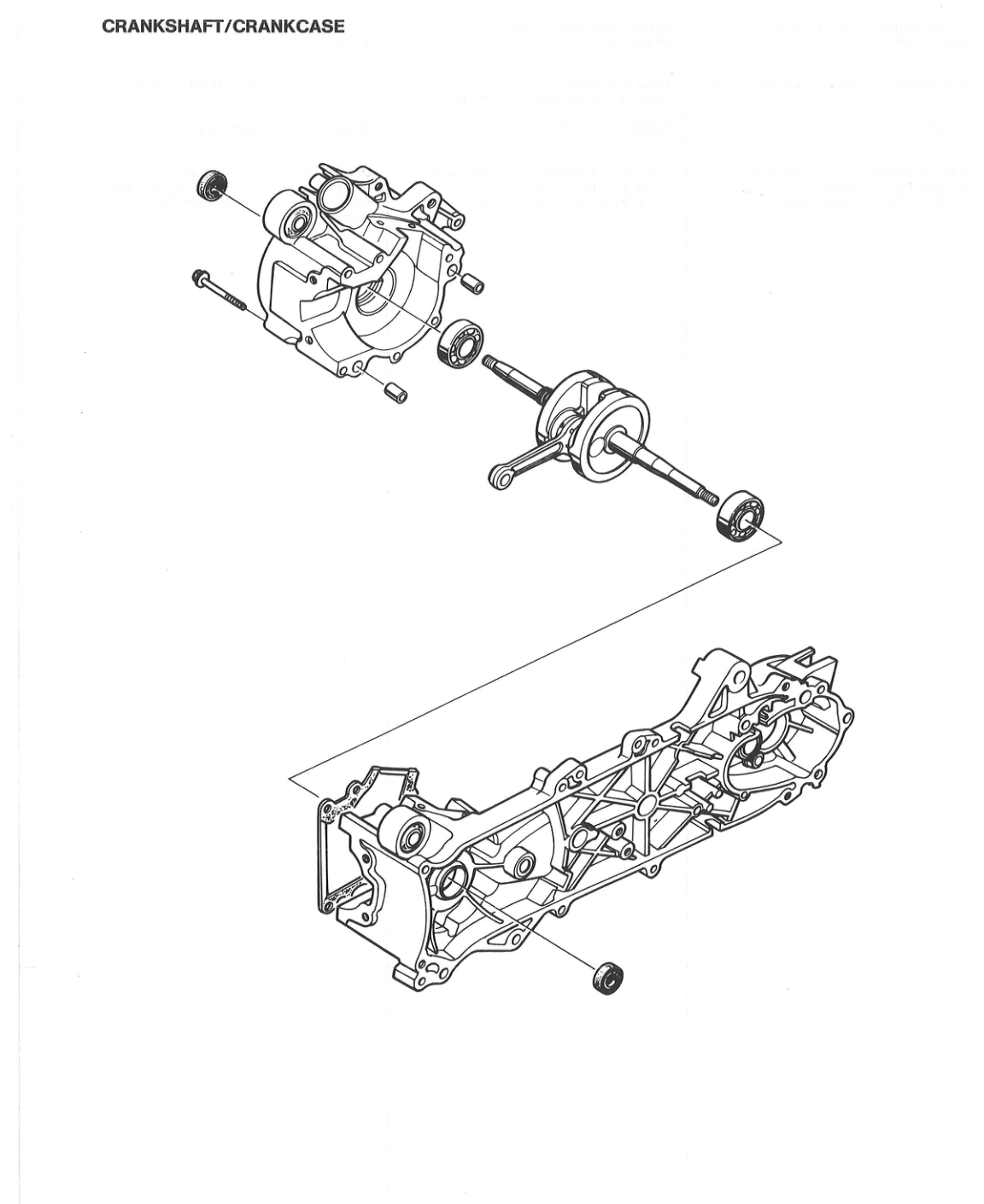 Technical exploded-view line drawing of a crankshaft and crankcase assembly on a white background, with the heading 'CRANKSHAFT/CRANKCASE' in the upper left.