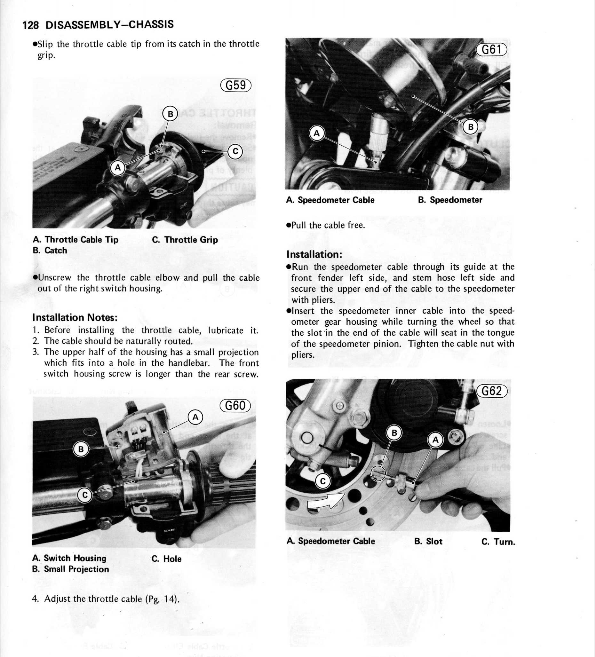 A printed disassembly/assembly reference sheet showing labeled diagrams and notes for accessing and installing a speedometer cable, with callouts such as throttle cable tip, grip, switch housing, slot, and turn.