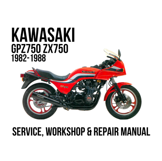 A red Kawasaki motorcycle shown in side profile on a white background, with large black text reading 'KAWASAKI GPZ750 ZX750 1982-1988' at the top and 'SERVICE, WORKSHOP & REPAIR MANUAL' at the bottom.