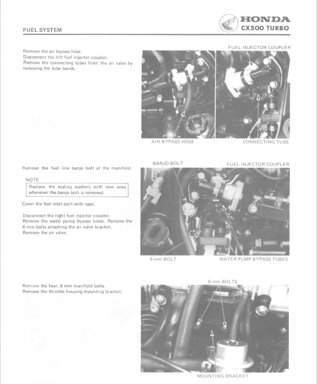 Technical diagram of a Honda CX500 Turbo fuel system with labeled parts and text instructions.