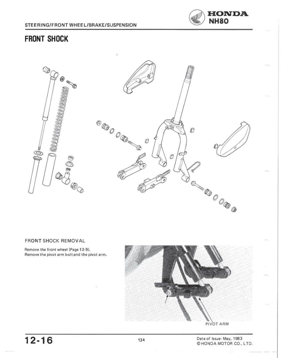 A monochrome technical manual page for a Honda NH80 steering/brake/suspension front shock, showing exploded line drawings of the front shock and removal steps with small text and a photo inset of a pivot arm.