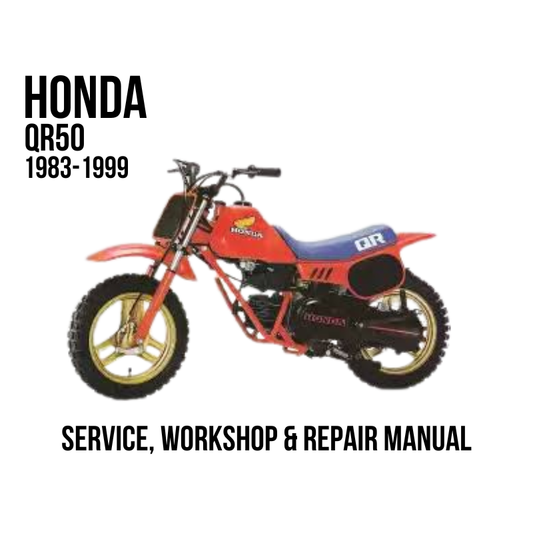 A red and blue Honda QR50 dirt bike shown on a white background with text reading 'HONDA QR50 1983-1999' and 'SERVICE, WORKSHOP & REPAIR MANUAL'.