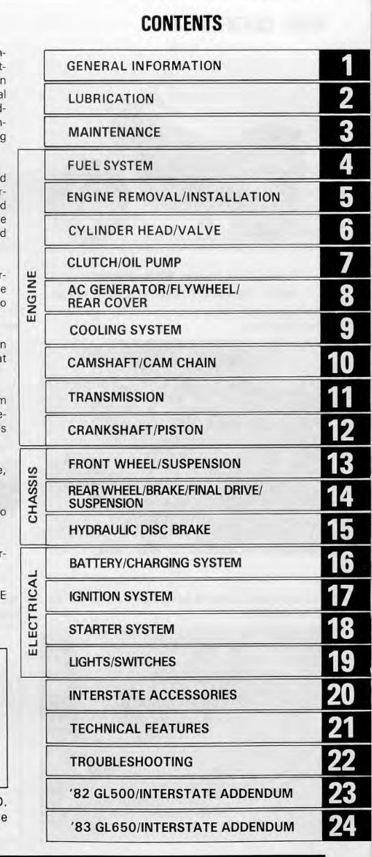 Table of contents for a technical manual on various automotive topics.