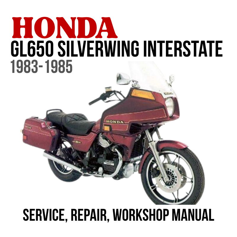 Honda GL650 Silverwing Interstate motorcycle on a white background with text about service, repair, and workshop manual.
