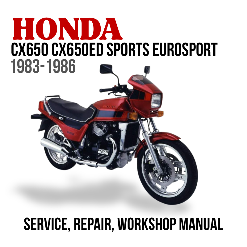 Honda CX650 CX650ED Sports Eurosport motorcycle with text about service, repair, and workshop manual on a white background.