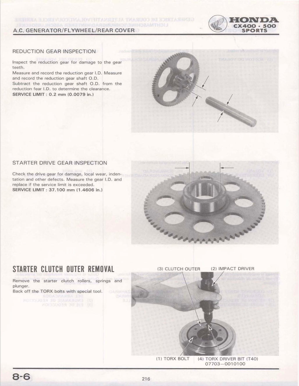 Technical manual page for Honda CX400 and CX500 Sports, showing gear inspection and removal procedures.