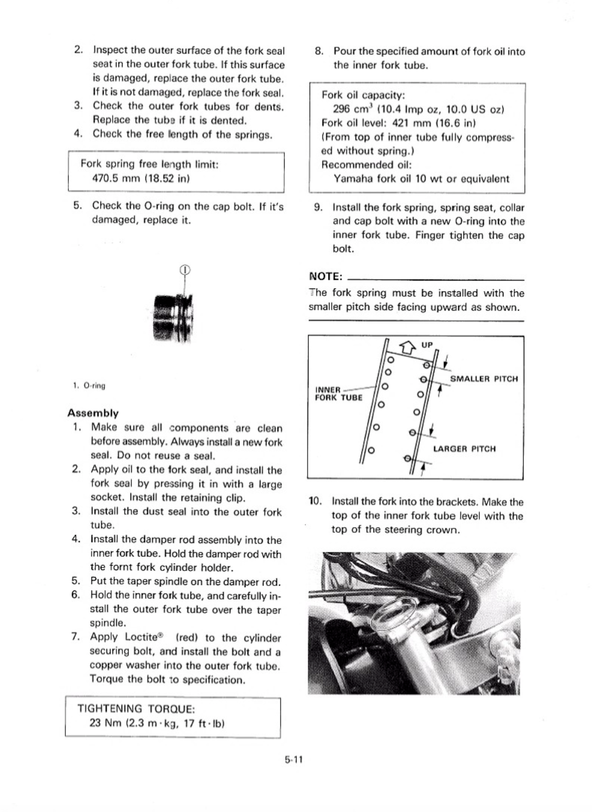 A technical instruction sheet with text instructions and a small black-and-white diagram showing parts of a fork seal assembly, including O-ring, fork oil tube, inner fork tube, damper rod, and steering knuckle.