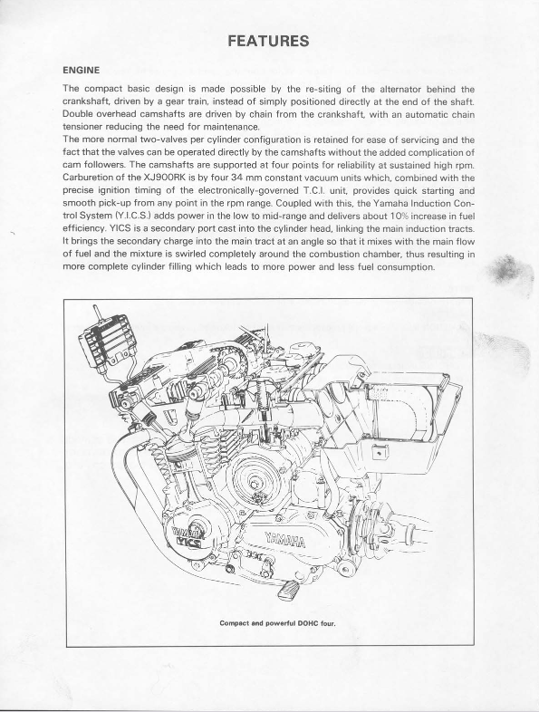 A page from a Yamaha engine manual featuring a 'Features' section with text and a black-and-white line drawing of a motorcycle engine and camshaft assembly.