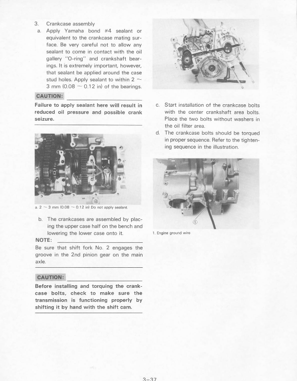 A scanned page from a technical manual showing crankcase assembly instructions with diagrams and small photos of machinery parts, including a crankshaft pulley and bearings.