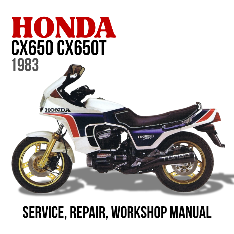 Honda CX650 CX650T 1983 motorcycle on a white background with text about a service, repair, and workshop manual.