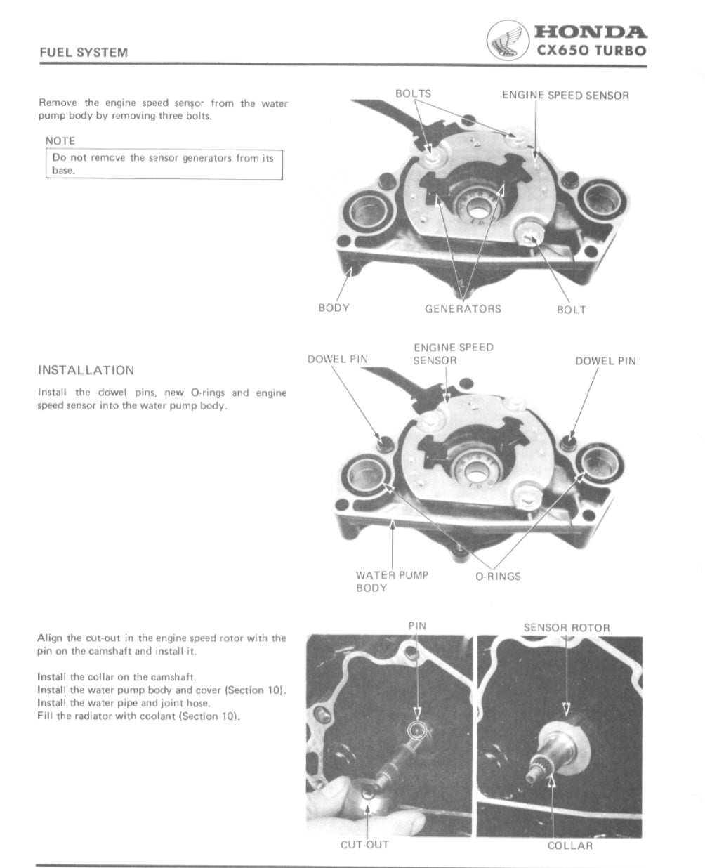 Technical diagram of a Honda C650 Turbo fuel system with labeled parts and installation instructions.