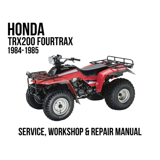 Red Honda TRX200 FourTrax ATV shown on a white background with text reading 'HONDA TRX200 FOURTRAX 1984-1985' and 'SERVICE, WORKSHOP & REPAIR MANUAL'.