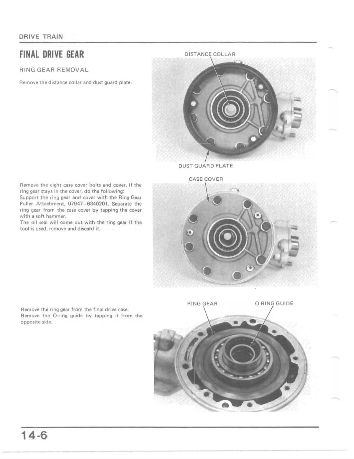 A black-and-white technical service manual page titled 'DRIVE TRAIN FINAL DRIVE GEAR RING GEAR REMOVAL' with labeled diagrams of circular mechanical components and instructional text.