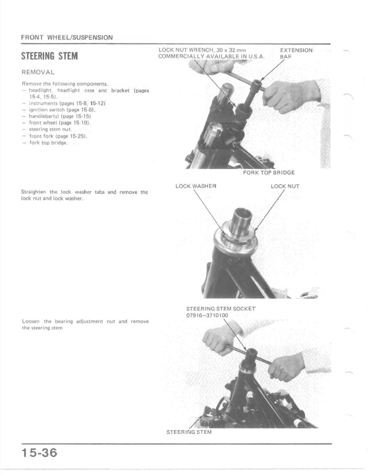 A black-and-white technical service manual page for a front wheel suspension steering stem removal procedure, with labeled diagrams, arrows, and small inset photos showing hand placement on hardware.