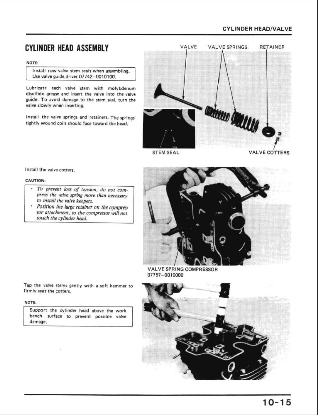 A black-and-white technical instruction sheet titled 'CYLINDER HEAD ASSEMBLY' with labeled diagrams and photos for valve stem seal, valve cotters, valve springs, and valve spring compressor.