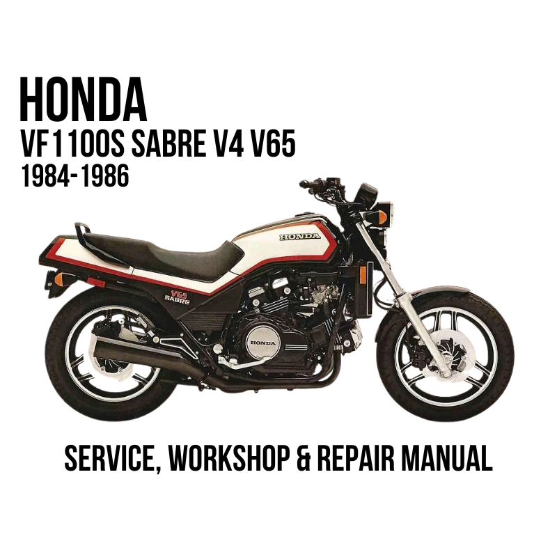 A side-view graphic of a Honda VF 1100S Sabre motorcycle with large text reading 'HONDA VF 1100S SABRE V4 V65 1984-1986' and 'SERVICE, WORKSHOP & REPAIR MANUAL' on a plain white background.