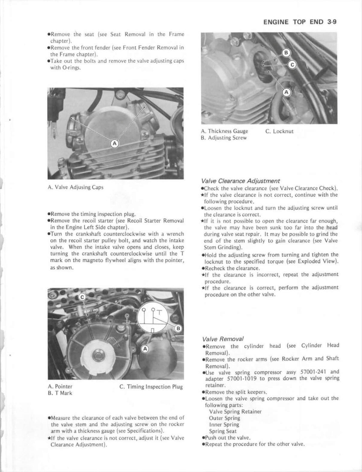 Kawasaki KLF185 Bayou service manual page 3-9 with valve clearance adjustment photos and timing mark diagram