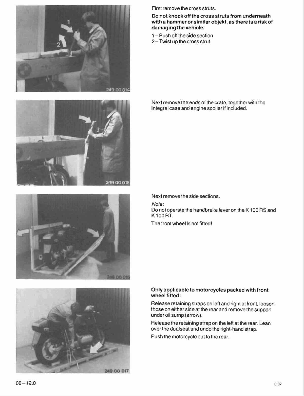 BMW K75 service manual page 00-12.0 motorcycle uncrating and cross strut removal photos