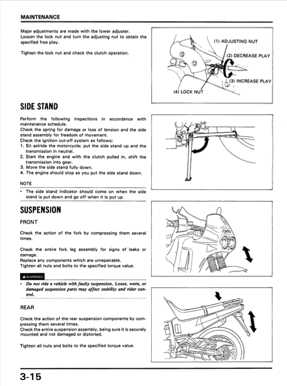 A black-and-white technical service manual page with maintenance instructions, side stand procedure, suspension checks, and labeled diagrams of a motorcycle's front and rear suspension forks.