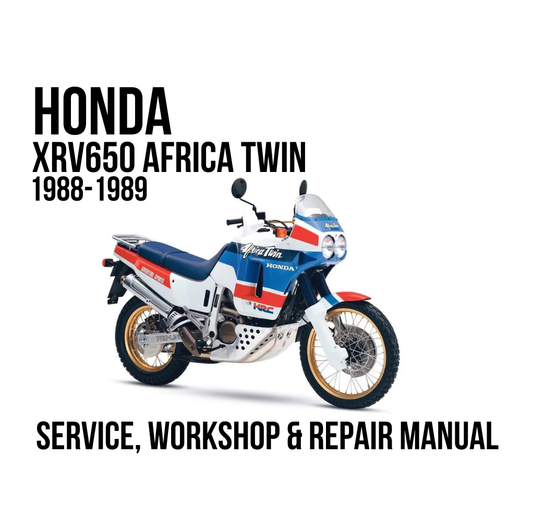 A white, blue, and red Honda XRV650 Africa Twin motorcycle is shown on a plain white background with large black text reading 'HONDA XRV650 AFRICA TWIN 1988-1989' at the top and 'SERVICE, WORKSHOP & REPAIR MANUAL' at the bottom.