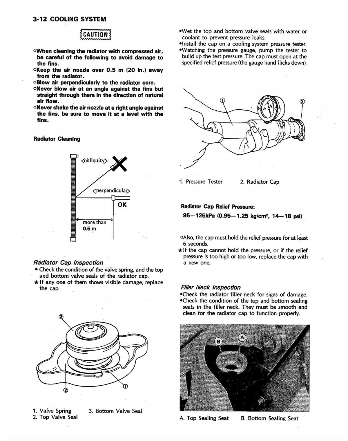 A black and white technical service manual page for a 3-12 cooling system, featuring diagrams, cross-sections, and step-by-step instructions for radiator cleaning, inspection, and replacement.