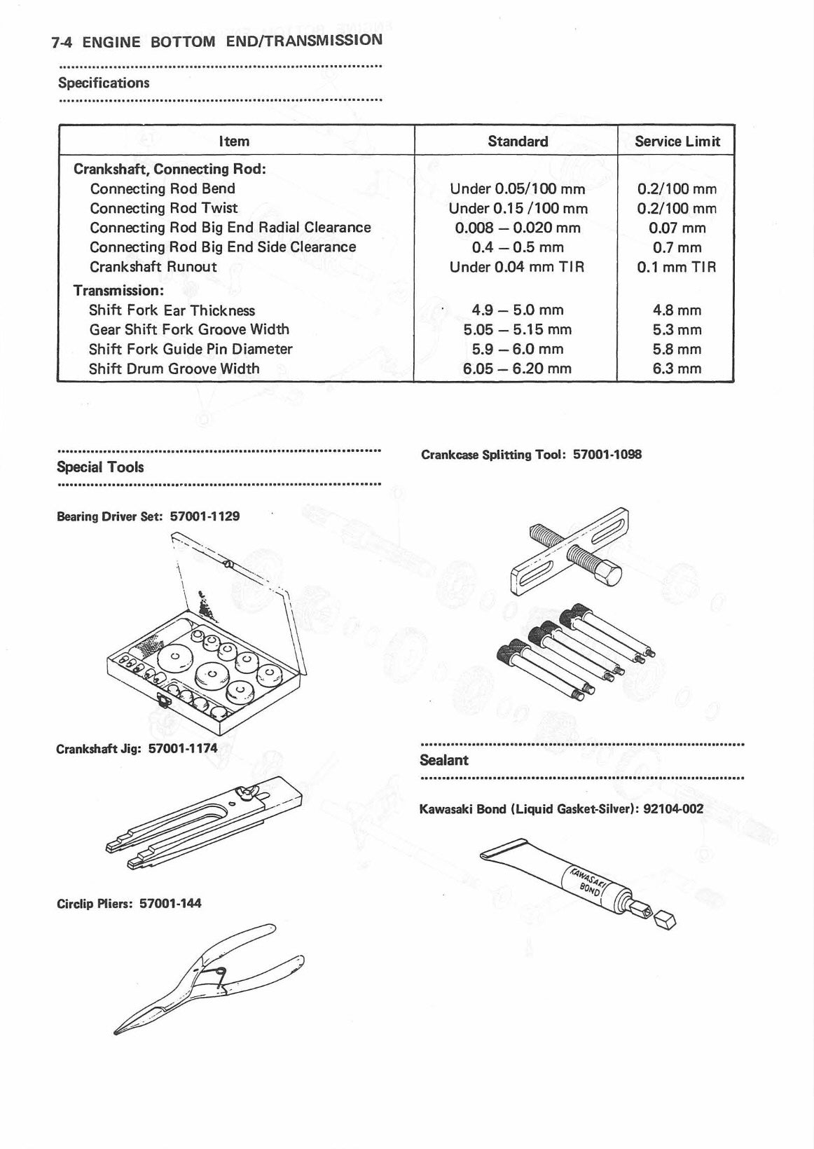 Kawasaki Bayou 220 service manual page 7-4 with crankshaft and transmission specifications table and special tools diagrams