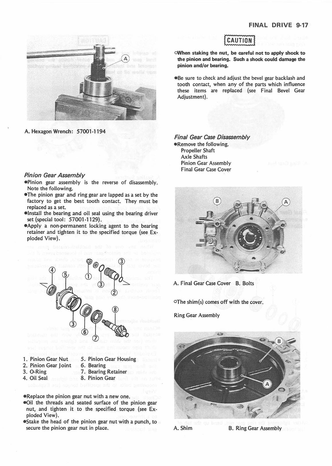 Kawasaki Bayou 220 service manual page 9-17 with pinion gear assembly and final gear case disassembly diagrams