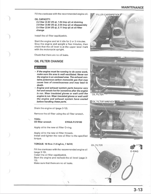 A printed maintenance manual page with text instructions for oil capacity, oil filter change, and a small oil filter diagram on a white page.