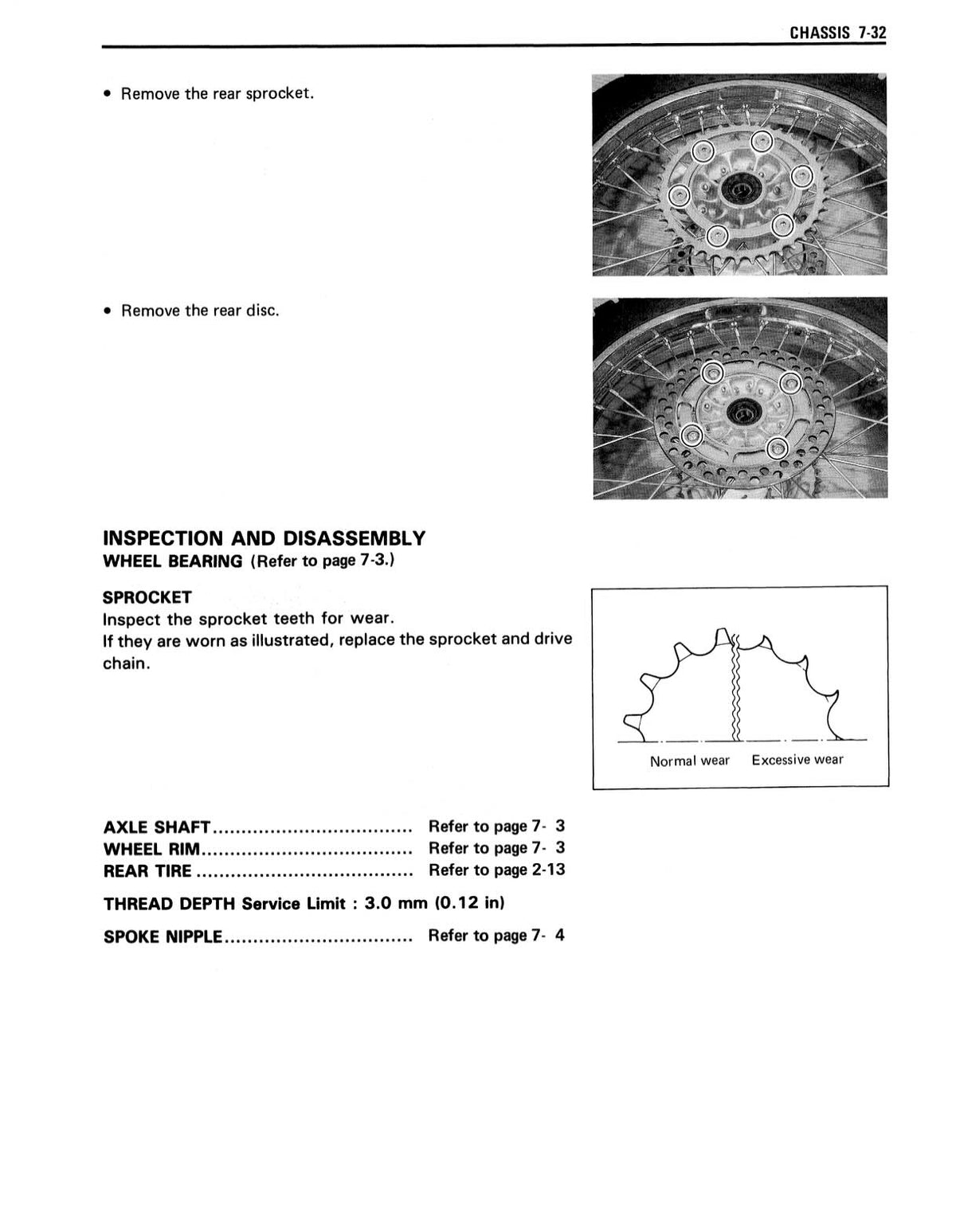 Suzuki TS200R service manual page 7-32 rear sprocket and disc removal with wear inspection photos