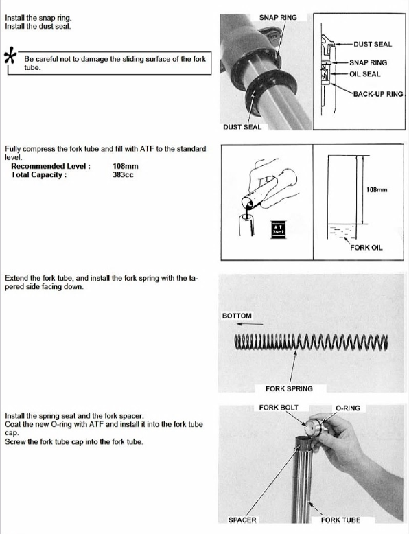 Instruction manual page for installing and assembling a fork tube, showing labeled diagrams, cross-sections, and steps for snap ring, dust seal, fork oil level, and spring installation.