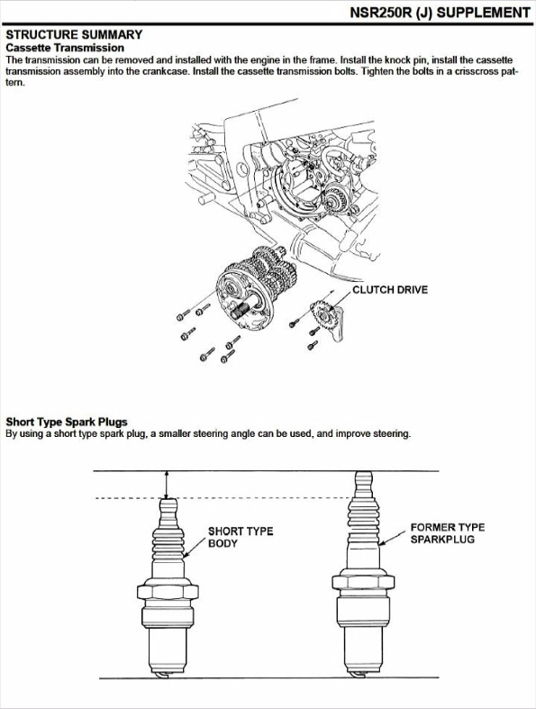 A black and white technical schematic page from an automotive manual, titled 'NSR250R (J) SUPPLEMENT'. The page features a 'Structure Summary' diagram of a cassette transmission and a comparison diagram labeled 'Short Type Spark Plugs' showing the differences between short type and former type spark plugs.