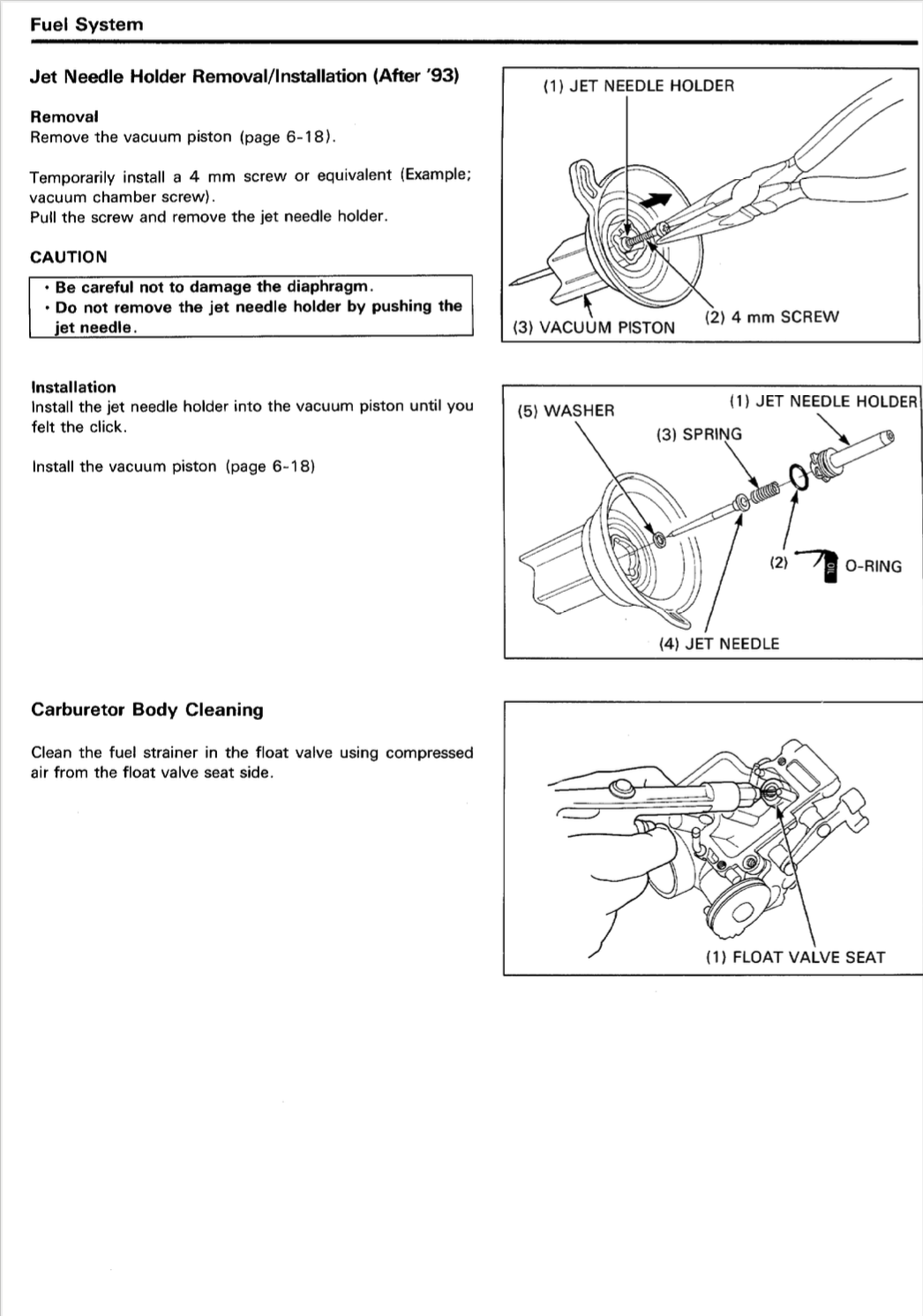 A black and white technical instruction sheet showing step-by-step diagrams for a motorcycle jet needle holder removal and installation, along with carburetor body cleaning instructions.