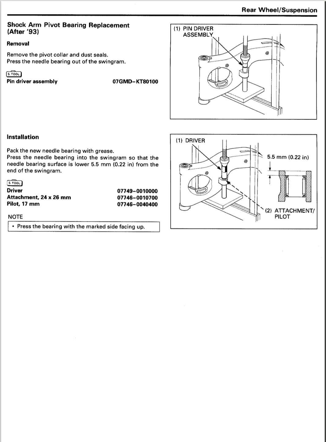 Technical service manual page for Shock Arm Pivot Bearing Replacement on a rear wheel/suspension system, showing removal, installation, and pin driver assembly diagrams with part number 07GMD-KTB0100.