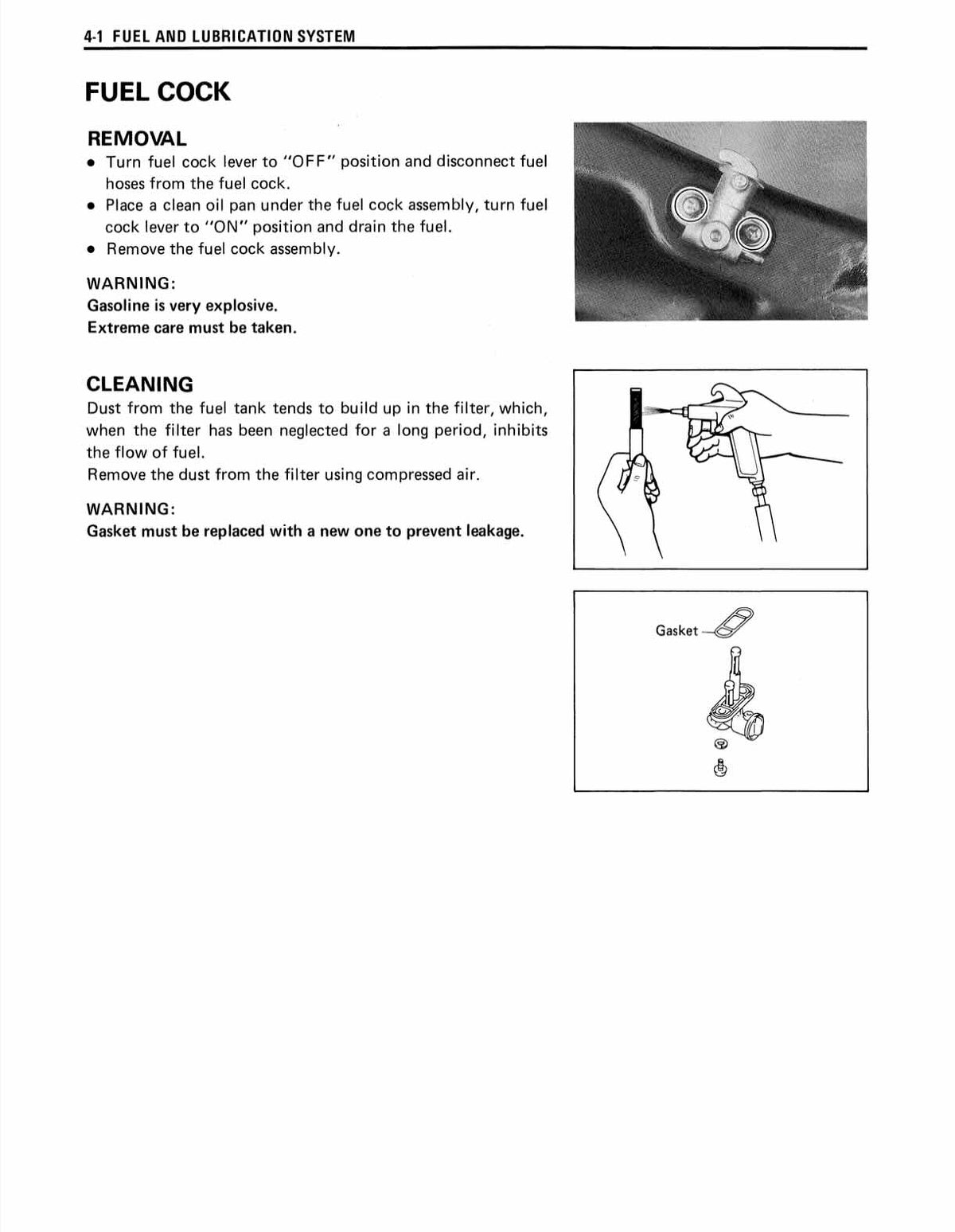 Suzuki LT160E service manual page 4-1 fuel cock removal cleaning and filter diagrams