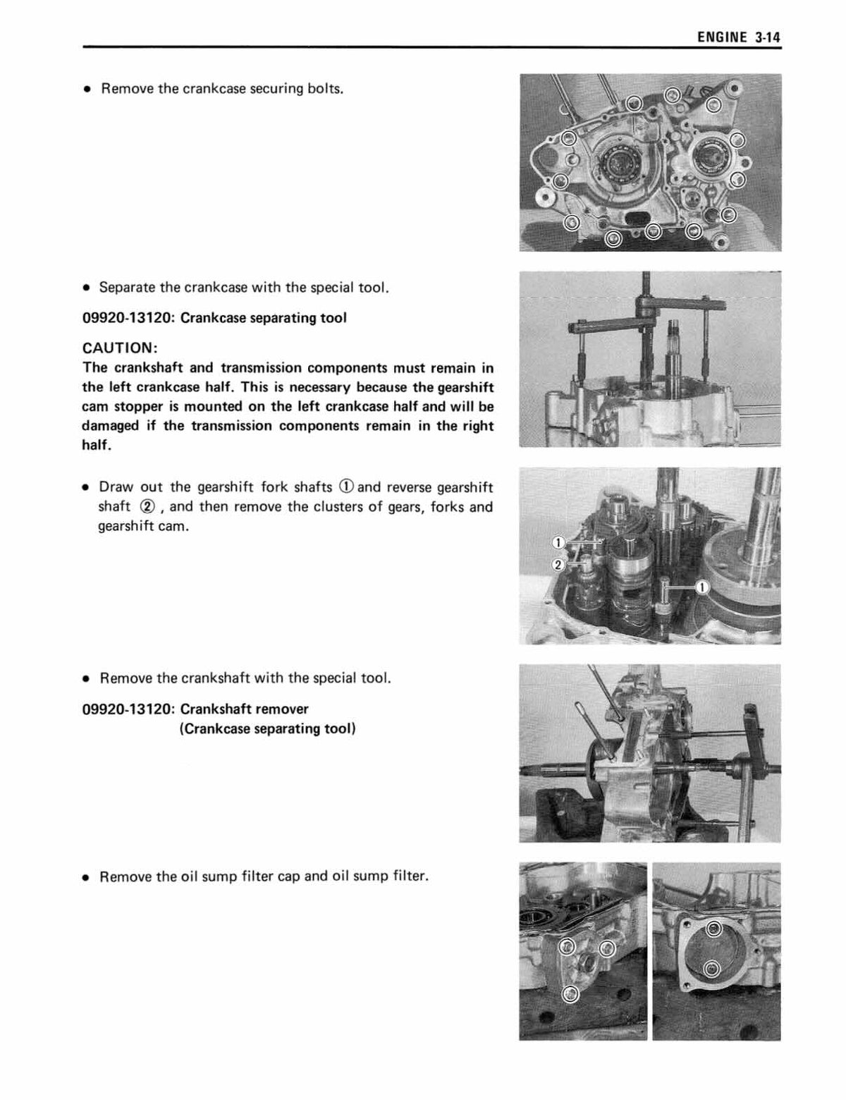 Suzuki LT160E service manual page 3-14 crankcase separation and crankshaft removal photos
