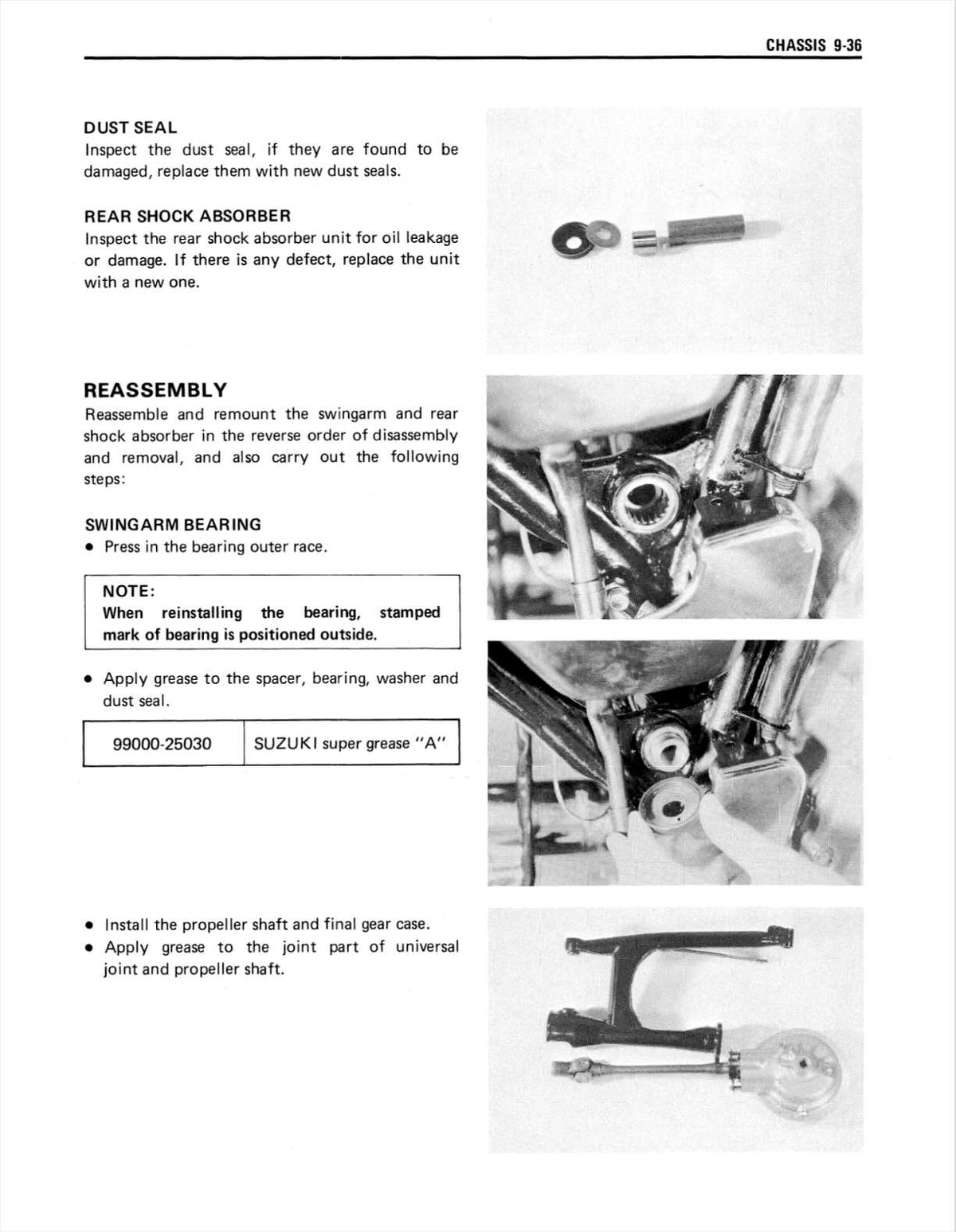 Suzuki VS800 Intruder service manual page 9-36 swingarm bearing and rear shock reassembly photos