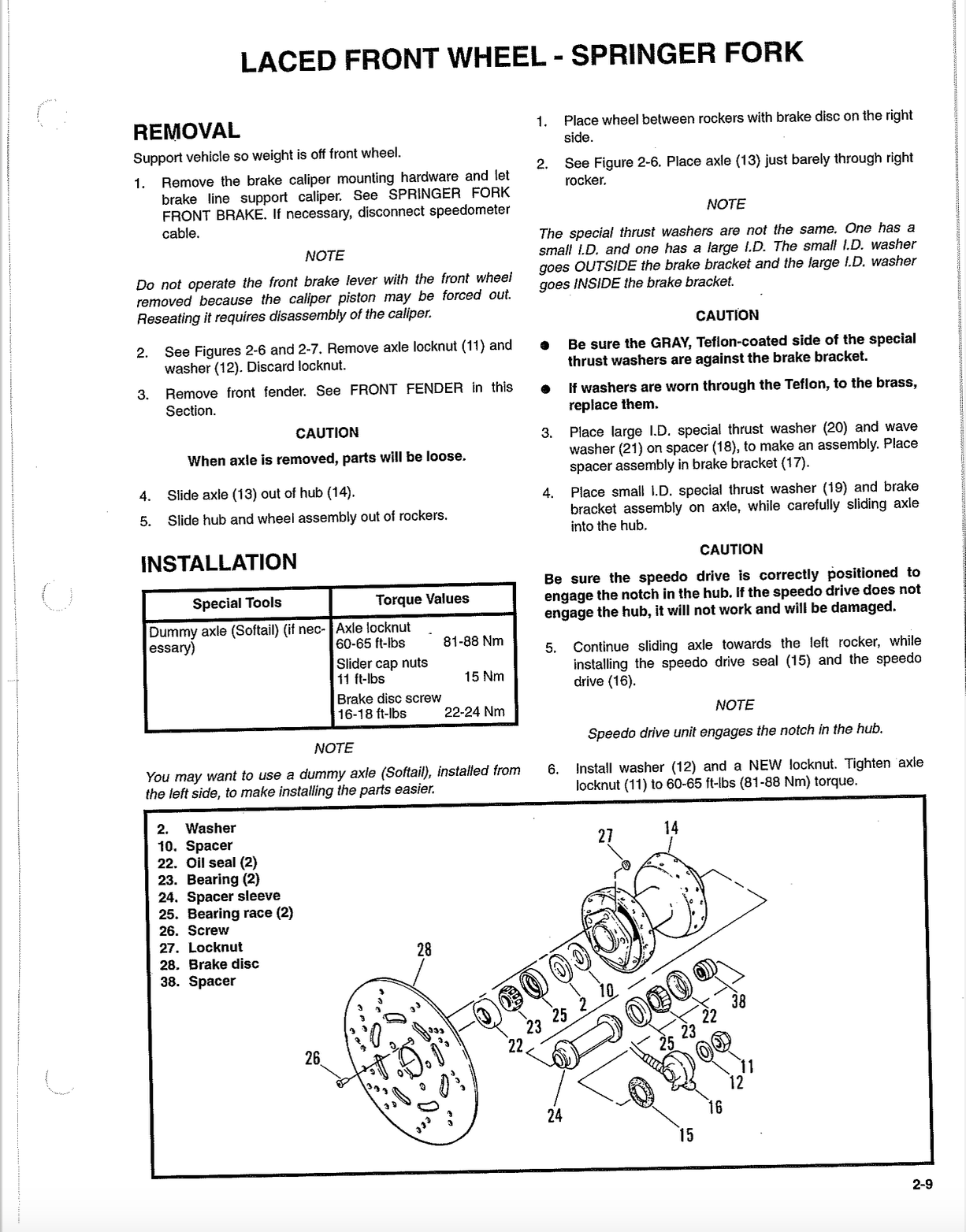 A black-and-white technical service manual page showing how to remove and install the front brake and shock absorber on a springer fork, with numbered steps, torque values, and caution notes.