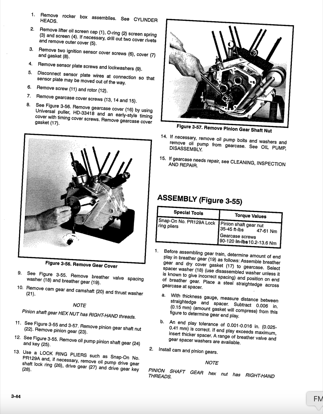 A printed assembly and removal instruction sheet with numbered steps, including text such as 'Remove motor box assemblies,' 'Remove piston rod cover screws,' and 'Assemble (Figure 3-5).' The page shows diagrams and torque values for pinion and camshaft assemblies on a vehicle.