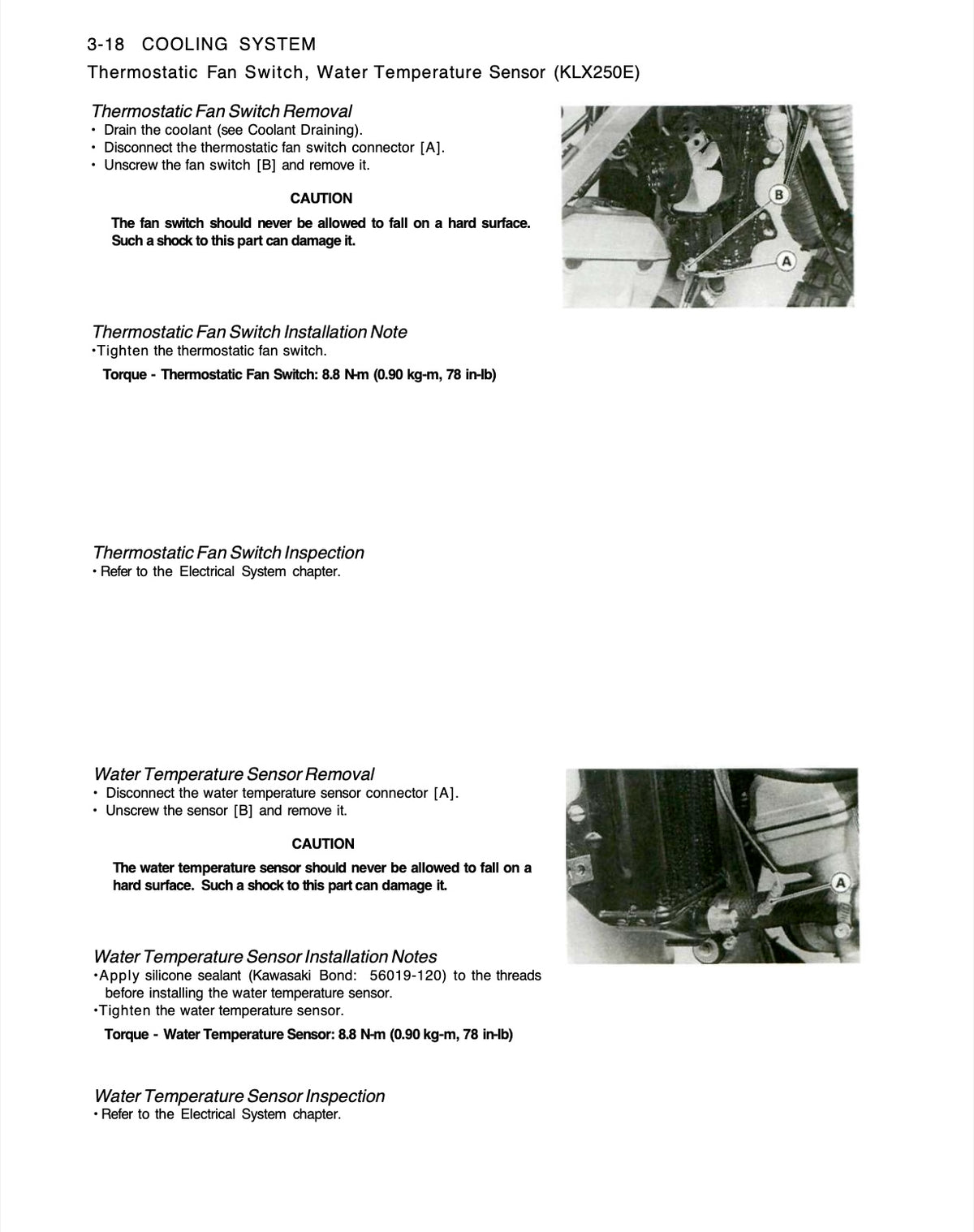 Kawasaki KLX250E service manual page 3-18 with thermostatic fan switch and water temperature sensor removal photos and torque specs