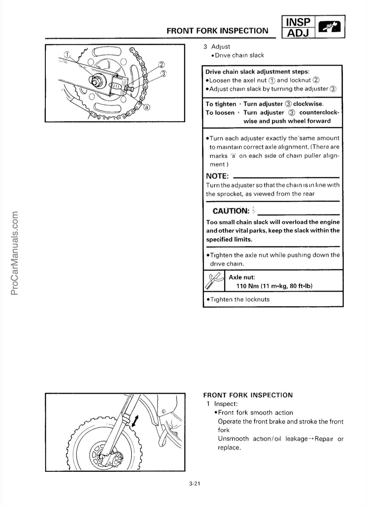 A printed front fork inspection worksheet with diagrams and step-by-step adjustment instructions, including torque values and cautions, on a white page.