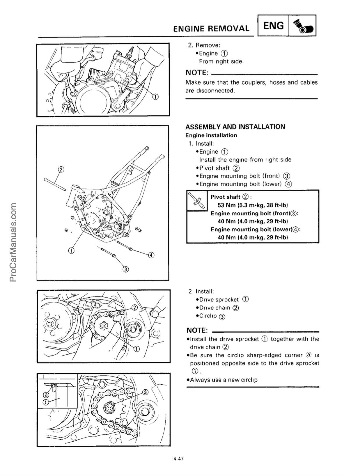 A printed instruction sheet showing engine removal and assembly steps with labeled diagrams and notes, including parts such as engine, couplers, hoses, and cable.