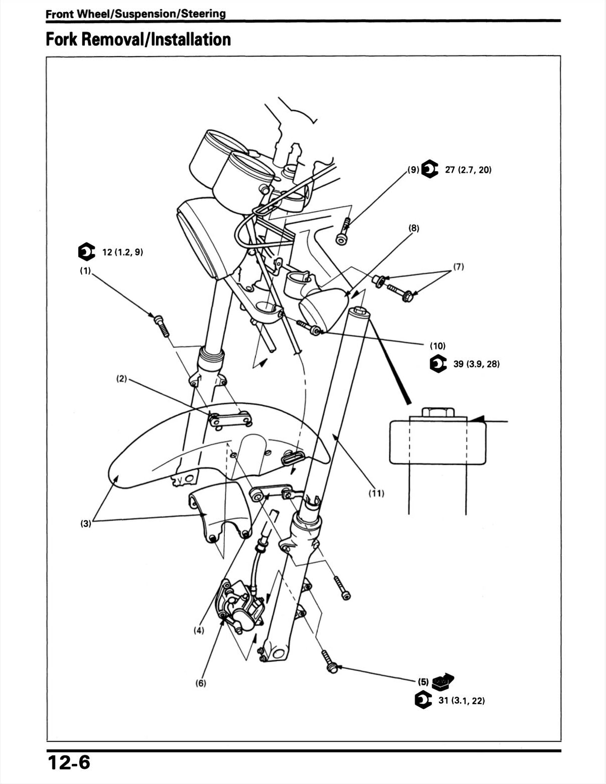 A black and white technical schematic diagram titled 'Front Wheel/Suspension/Steering Fork Removal/Installation' showing an exploded view of a motorcycle or bicycle fork assembly with numbered callouts and part references.